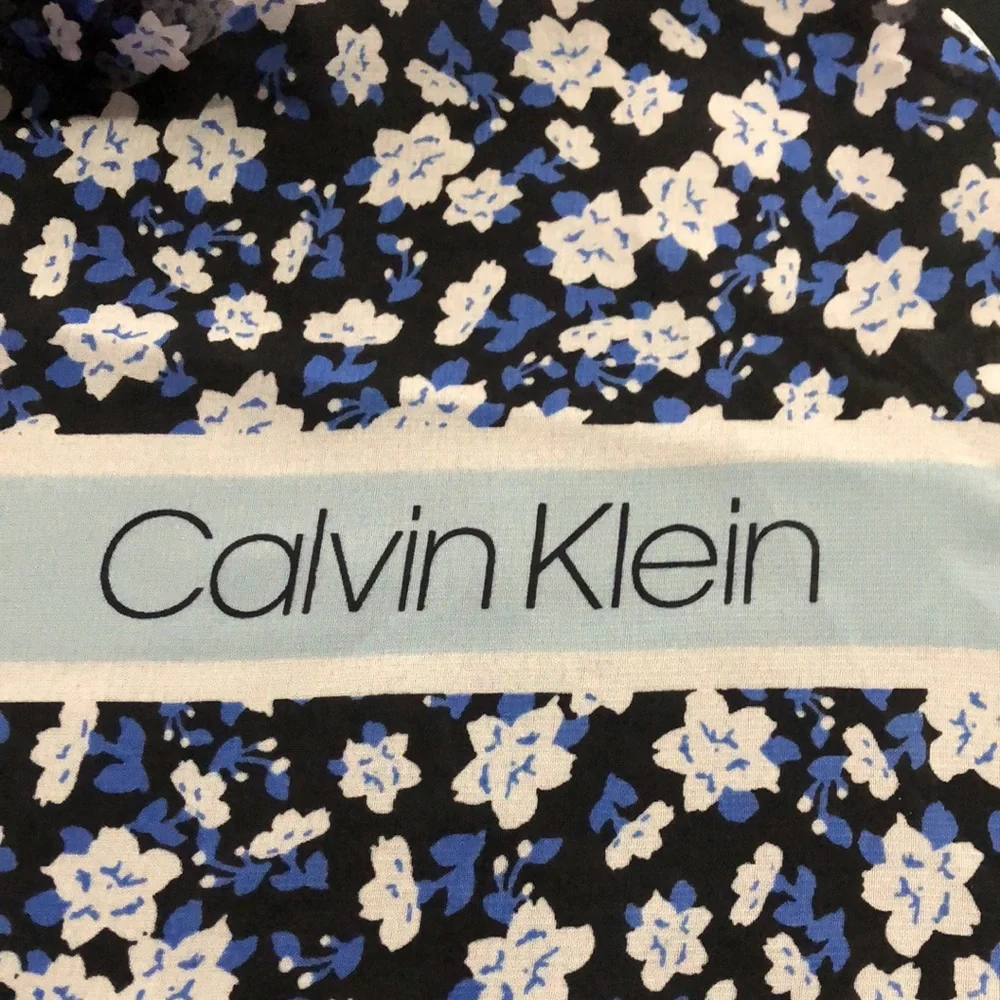 NEW Calvin Klein Silky Chiffon Floral Stripe Scarf, Black Blue